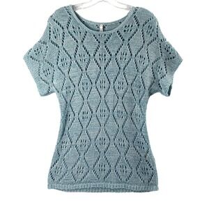 Leo & Nicole Crochet Top Womens Small Blue Diamond Pattern Short Sleeve Sweater